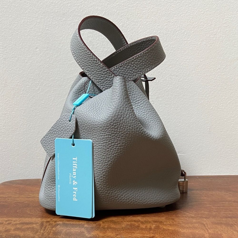 Tiffany & Fred Paris Pebbled Leather Gray Top Handle Mini Bucket Bag